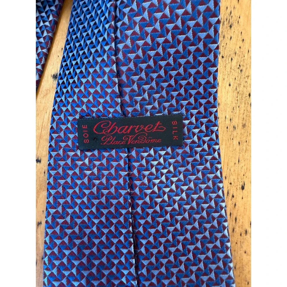 Charvet Silk Geometric Blue Burgundy Men's Necktie Made in France Luxury Tie